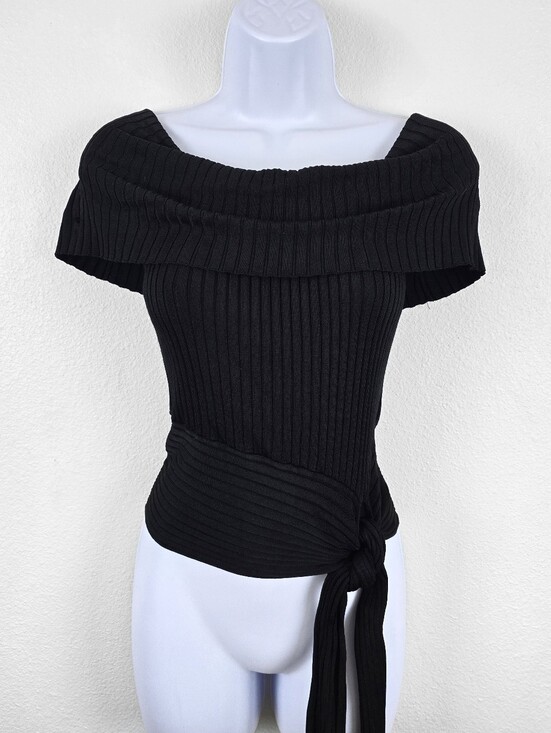 White House Black Market Tops - White House Black Market | Black Ribbed Off Shoulder Tie Waist Top Size S